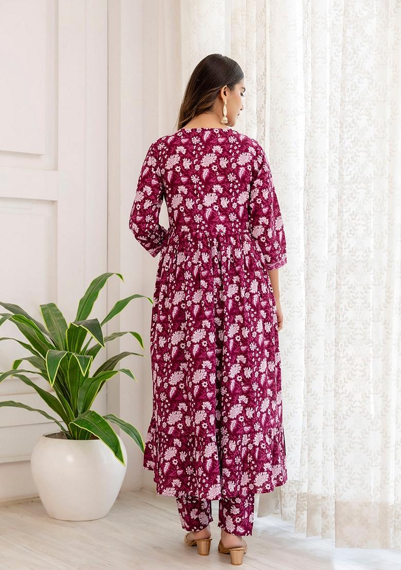 Purple Printed Cotton Salwar Kameez With Dupatta