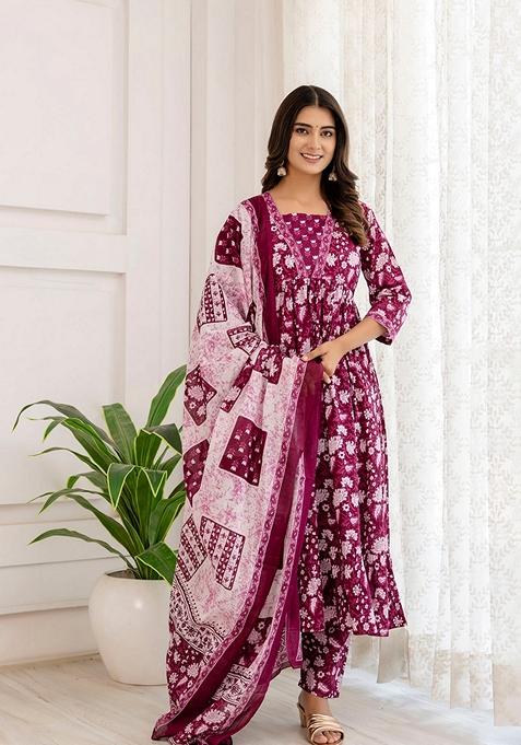 Purple Printed Cotton Salwar Kameez With Dupatta