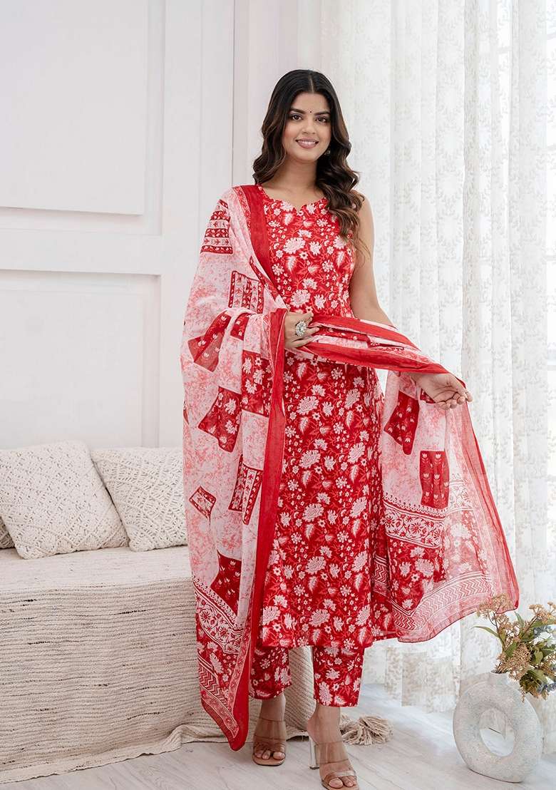 Red Printed Cotton Straight Kurta Set - Indya