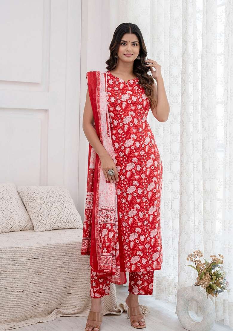 Red Printed Cotton Straight Kurta Set - Indya