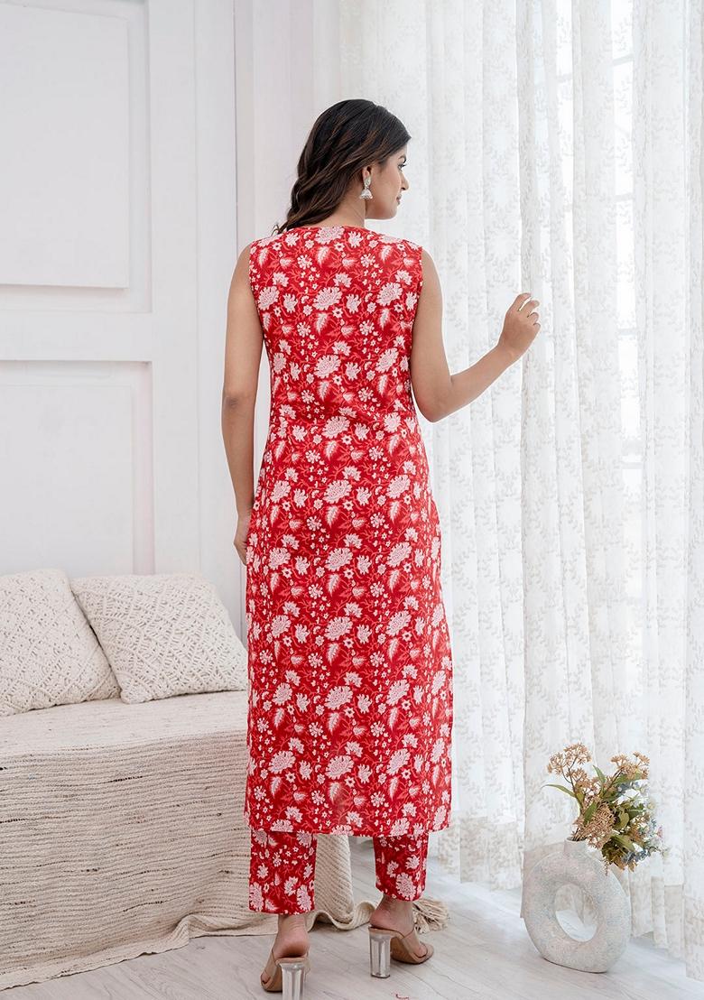 Red Printed Cotton Salwar Kameez With Dupatta