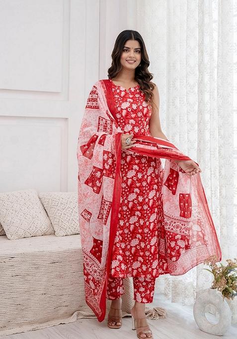 Red Printed Cotton Salwar Kameez With Dupatta
