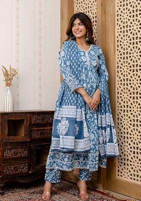 Blue Printed Cotton Salwar Kameez With Dupatta