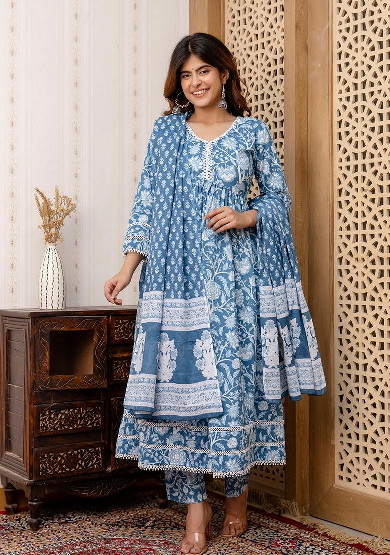 Blue Printed Cotton Salwar Kameez With Dupatta
