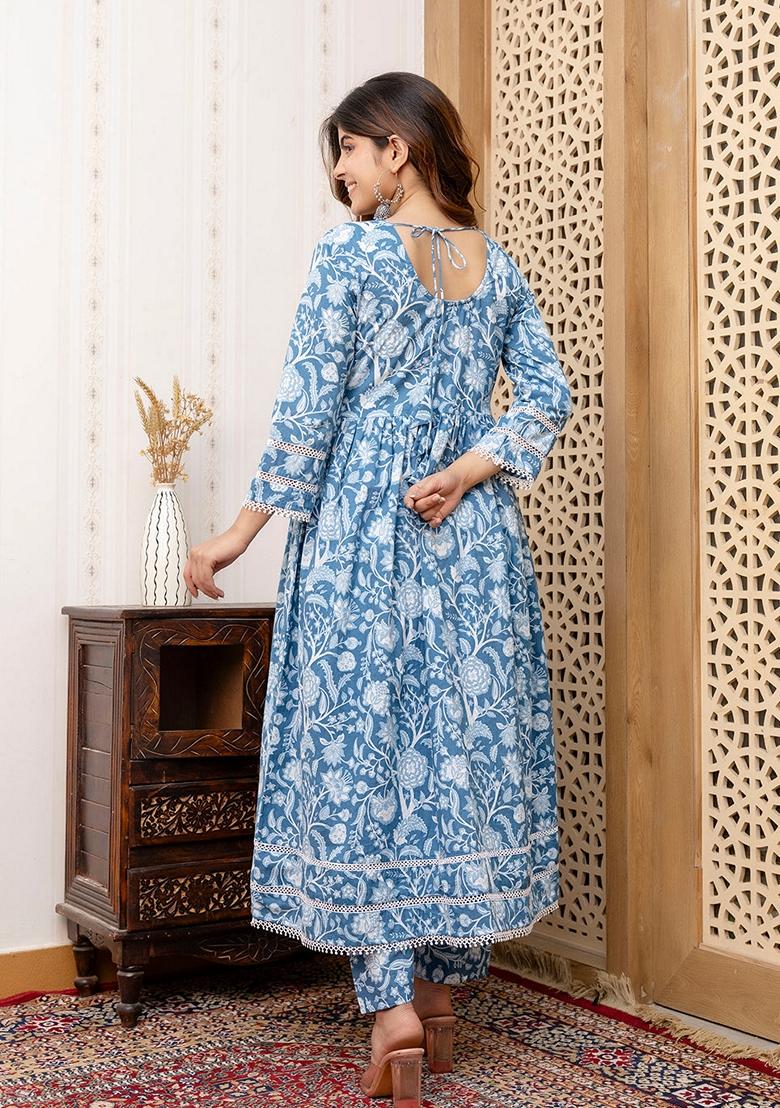 Blue Printed Cotton Salwar Kameez With Dupatta