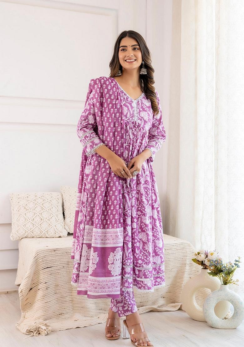 Mauve Printed Cotton Salwar Kameez With Dupatta