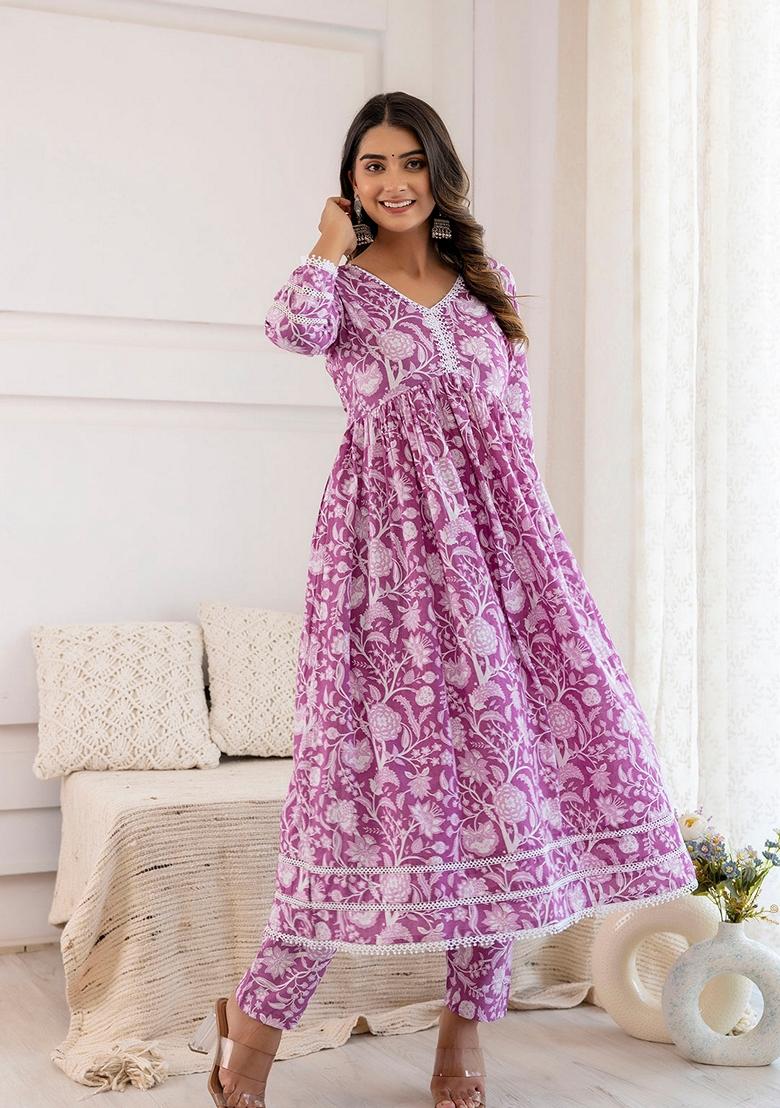 Mauve Printed Cotton Salwar Kameez With Dupatta