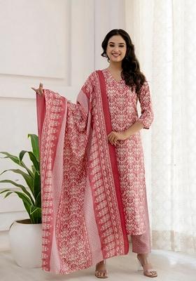 Pink Printed Cotton Salwar Kameez With Dupatta
