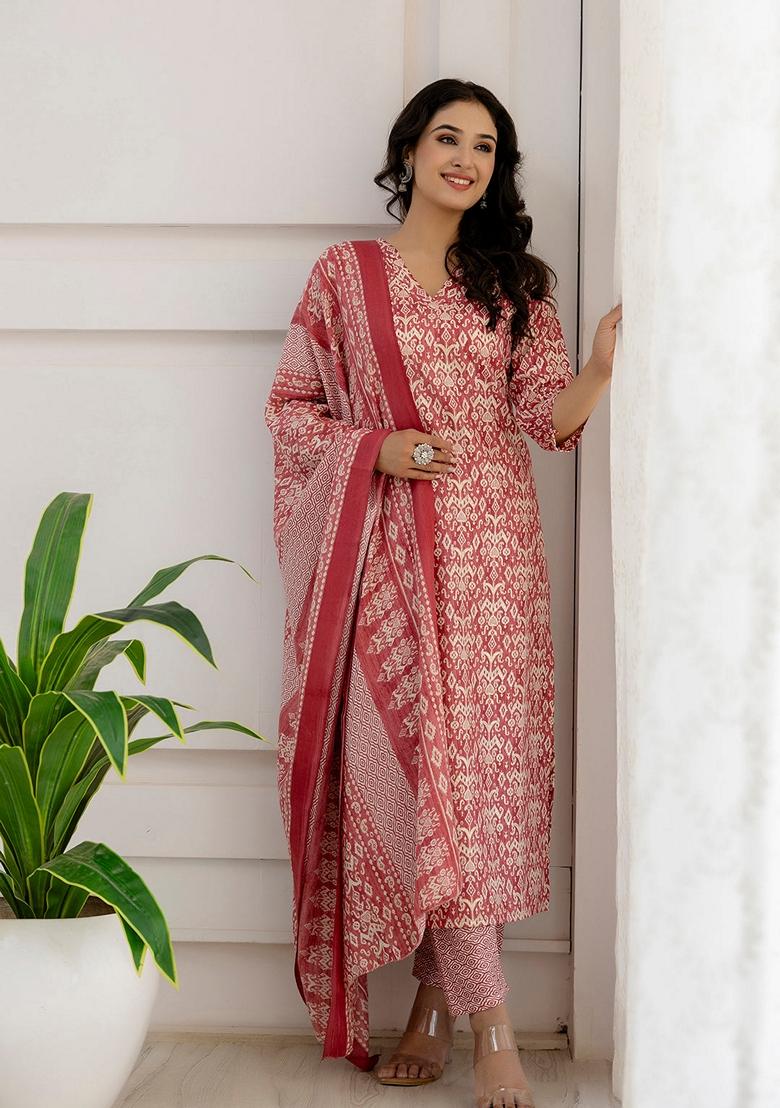 Pink Printed Cotton Salwar Kameez With Dupatta