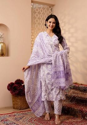 Lavender Printed Cotton Salwar Kameez With Dupatta