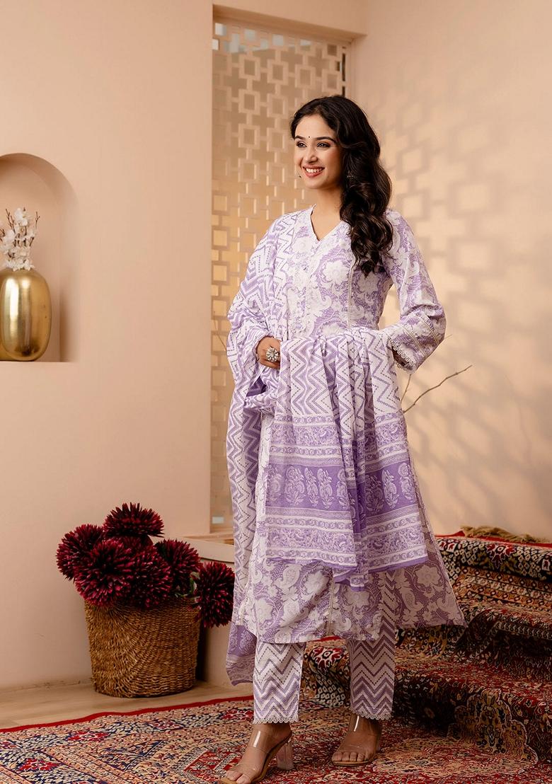 Lavender Printed Cotton Salwar Kameez With Dupatta