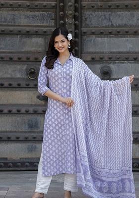 Purple Printed Cotton Salwar Kameez With Dupatta