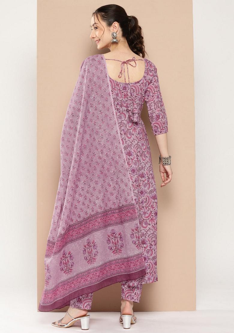 Lavender Printed Cotton Salwar Kameez With Dupatta
