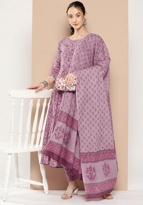Lavender Printed Cotton Salwar Kameez With Dupatta