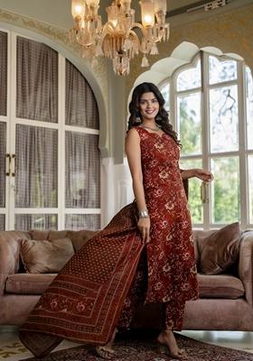 Rust Brown Printed Cotton Salwar Kameez With Dupatta