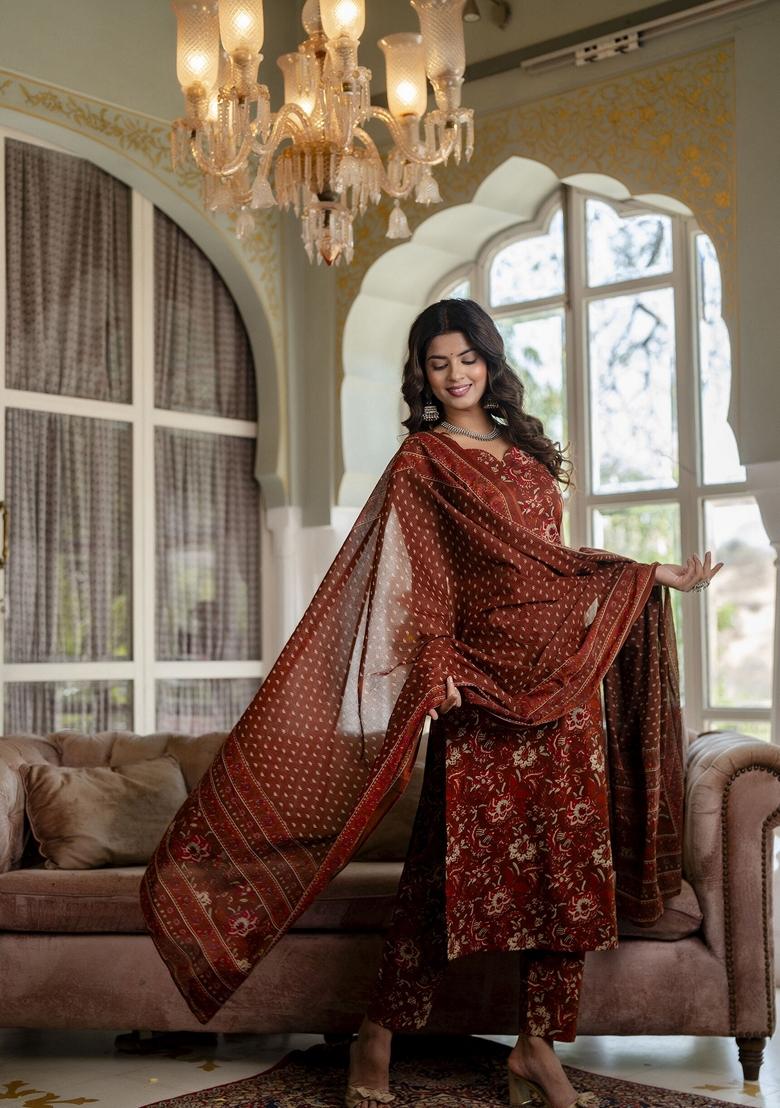 Rust Brown Printed Cotton Salwar Kameez With Dupatta
