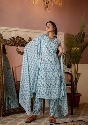 Aqua Blue Printed Cotton Salwar Kameez With Dupatta