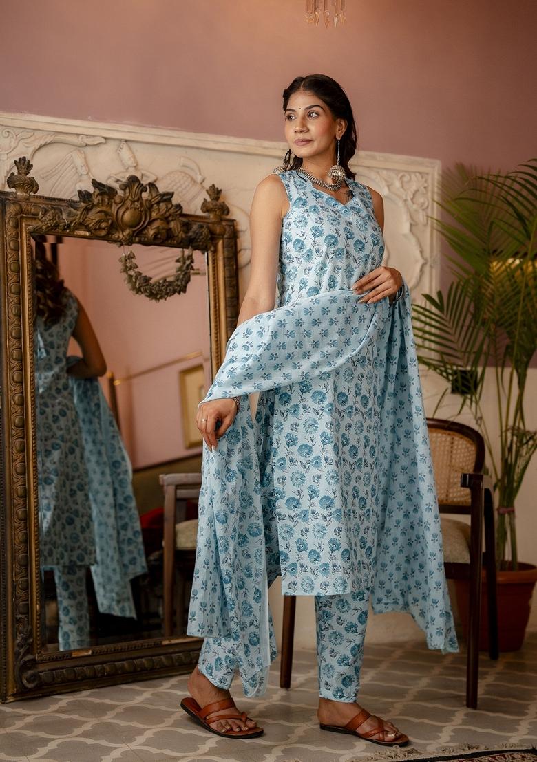 Aqua Blue Printed Cotton Salwar Kameez With Dupatta