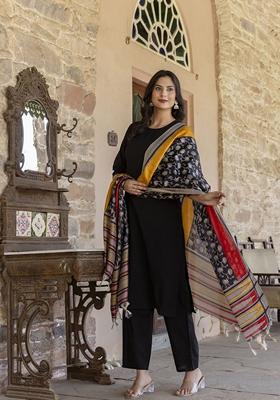 Black Printed Cotton Salwar Kameez With Dupatta