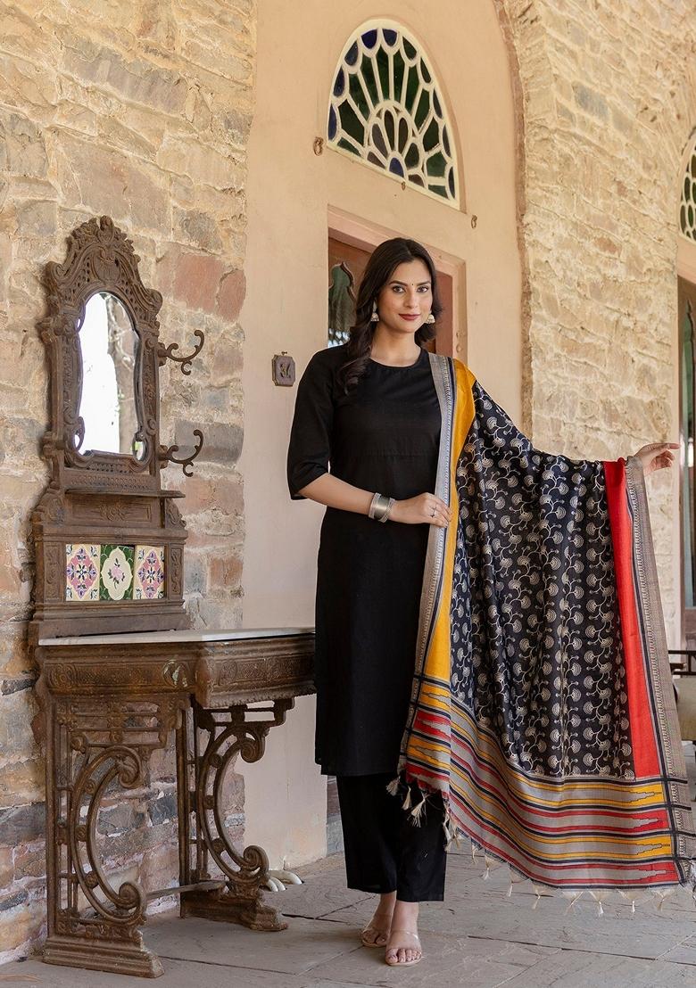 Black Printed Cotton Salwar Kameez With Dupatta