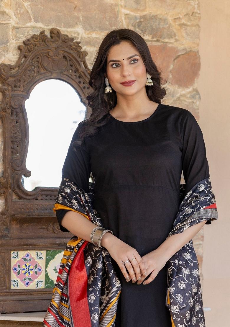 Black Printed Cotton Salwar Kameez With Dupatta