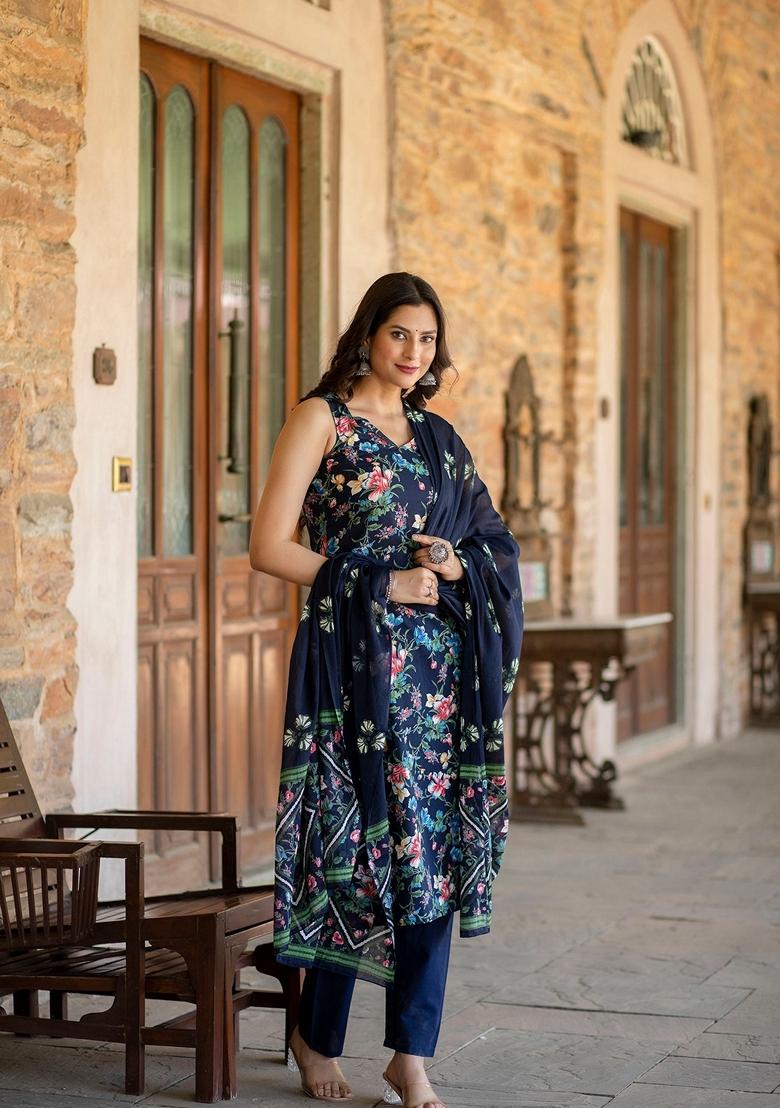 Navy Blue Printed Cotton Salwar Kameez With Dupatta