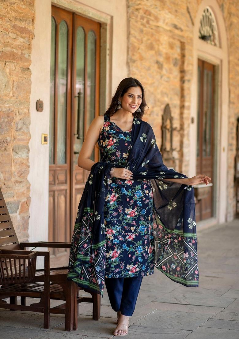 Navy Blue Printed Cotton Salwar Kameez With Dupatta