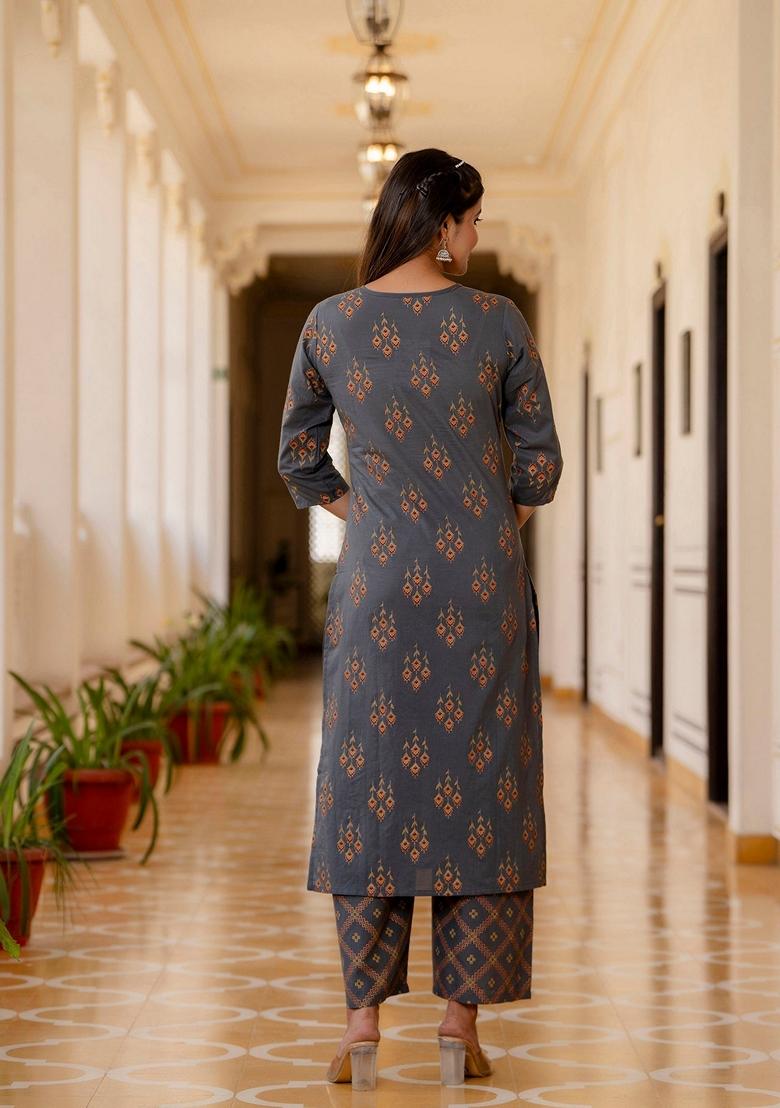 Grey Printed Cotton Palazzo Set With Dupatta