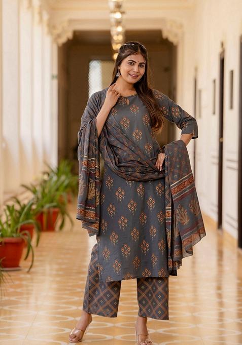 Grey Printed Cotton Palazzo Set With Dupatta