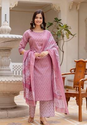 Pink Printed Cotton Palazzo Set With Dupatta