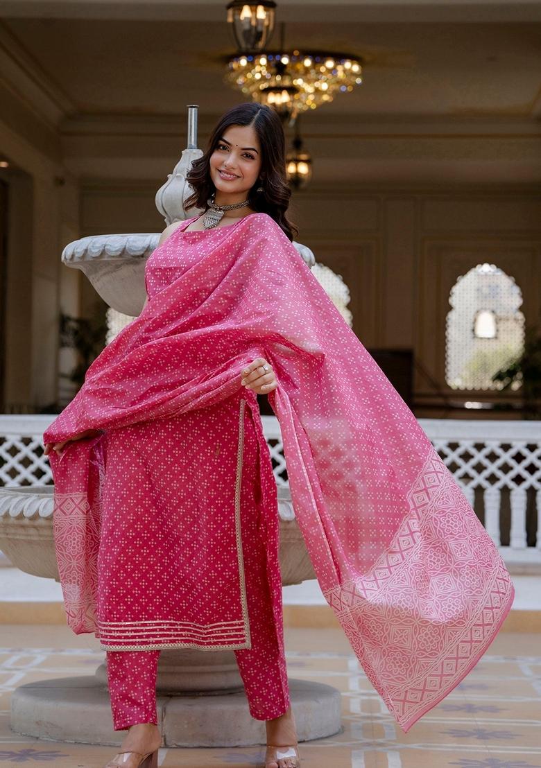 Pink Printed Cotton Salwar Kameez With Dupatta