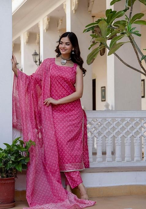 Pink Printed Cotton Salwar Kameez With Dupatta