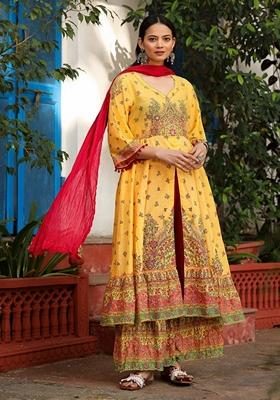 Mustard Yellow Printed Cotton Palazzo Set With Dupatta
