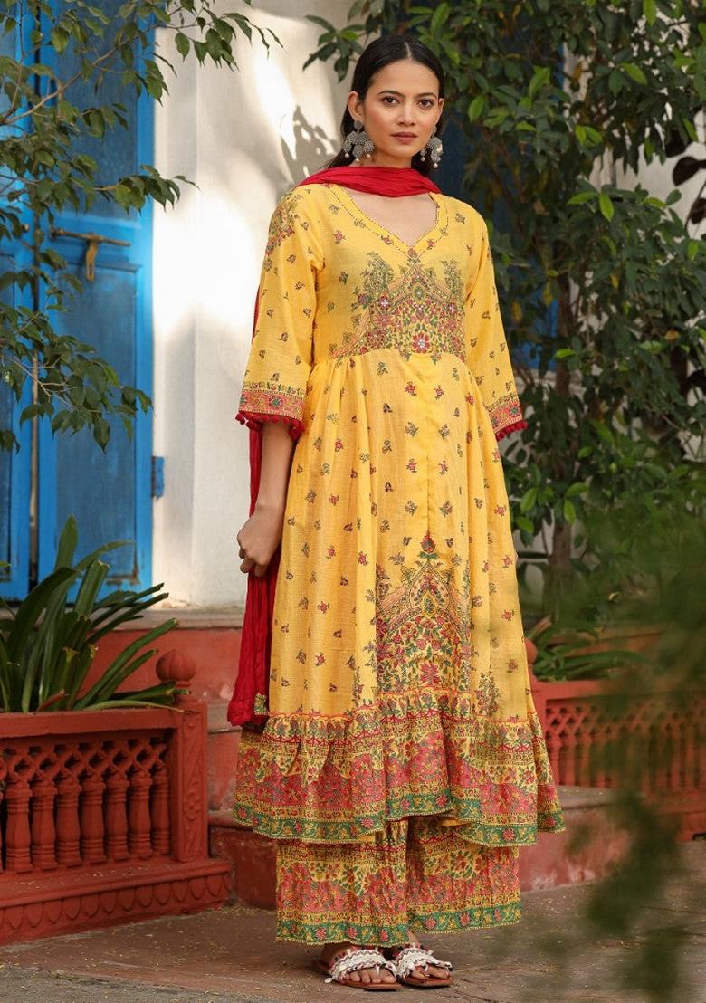 Mustard Yellow Printed Cotton Palazzo Set With Dupatta