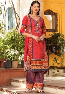 Rust Red Embroidered Cotton Palazzo Set With Dupatta