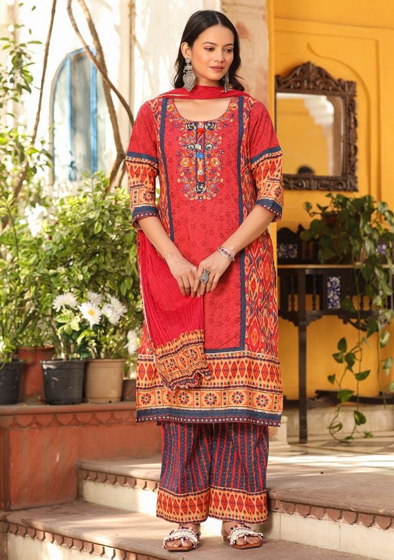 Rust Red Embroidered Cotton Palazzo Set With Dupatta