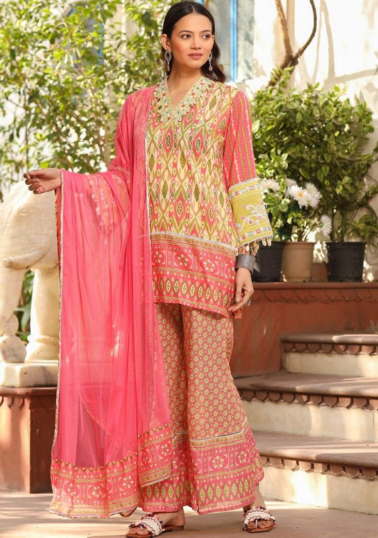 Green Embroidered Cotton Palazzo Set With Dupatta