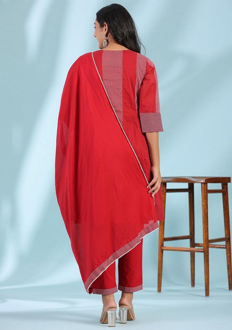 Red Printed Cotton Salwar Kameez With Dupatta