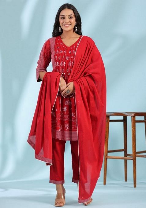 Red Printed Cotton Salwar Kameez With Dupatta