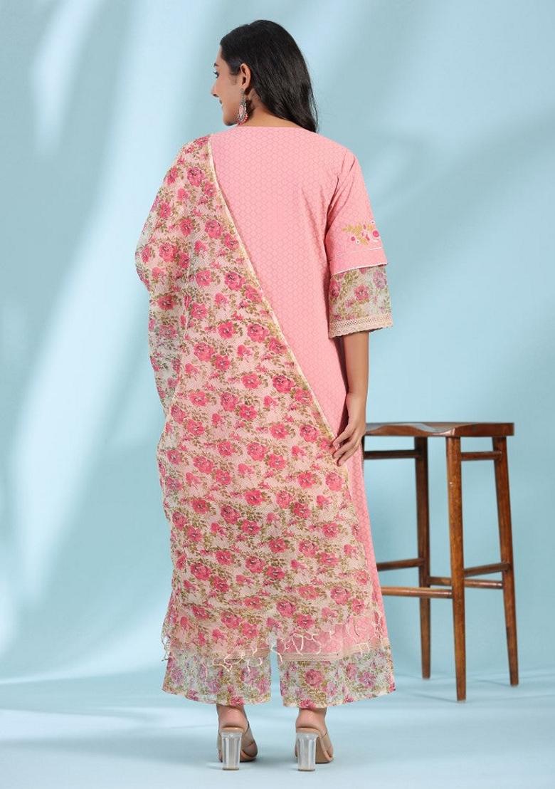 Peach Printed Cotton Palazzo Set With Dupatta