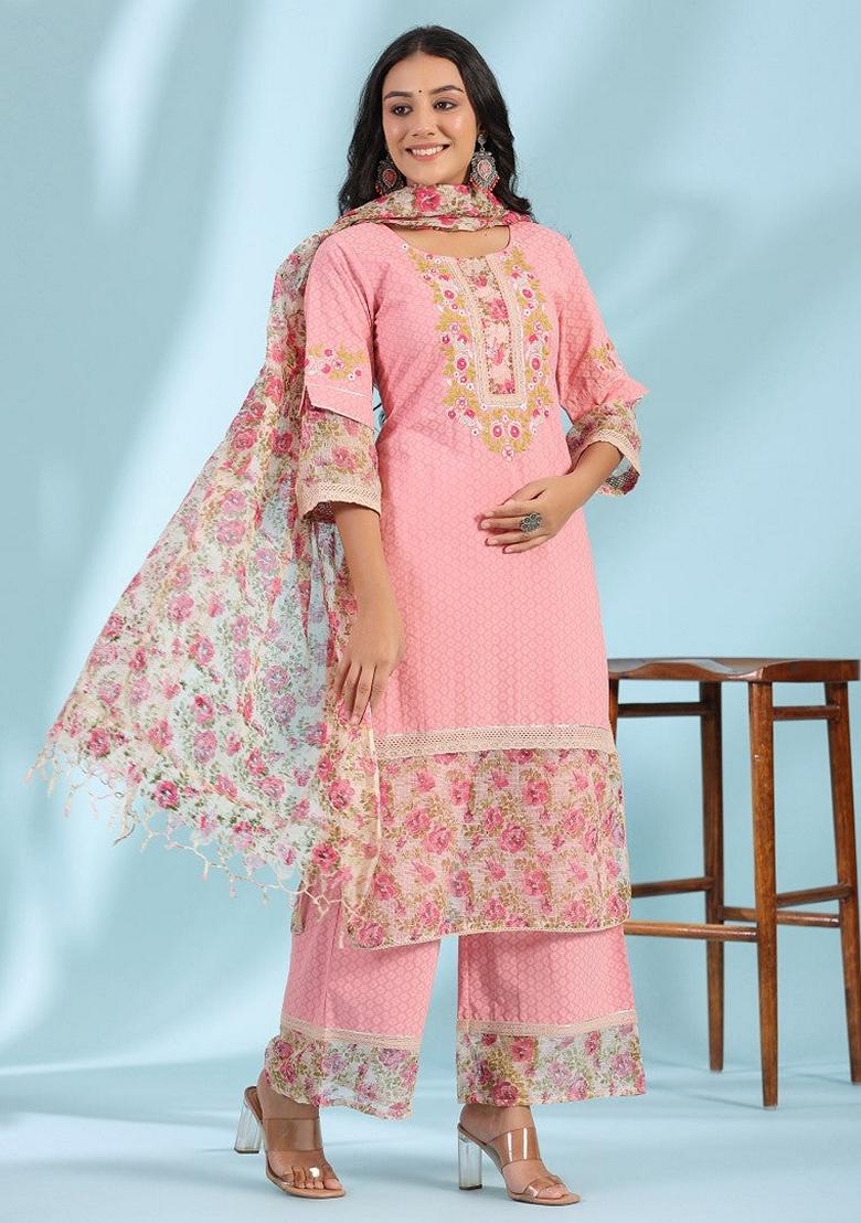 Peach Printed Cotton Palazzo Set With Dupatta