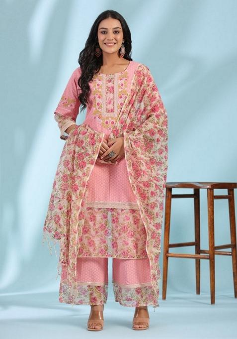 Peach Printed Cotton Palazzo Set With Dupatta
