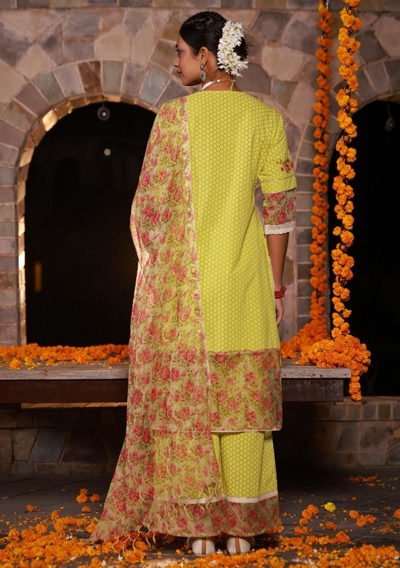 Green Printed Cotton Palazzo Set With Dupatta