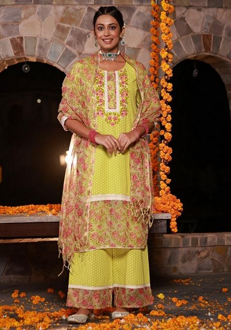 Green Printed Cotton Palazzo Set With Dupatta