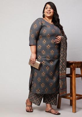 Grey Printed Pure Cotton Palazzo Set With Dupatta