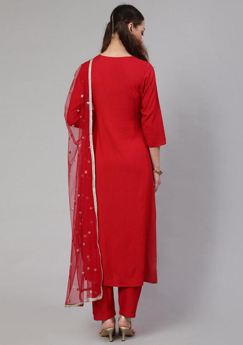 Red Embroidered Rayon Salwar Kameez With Dupatta
