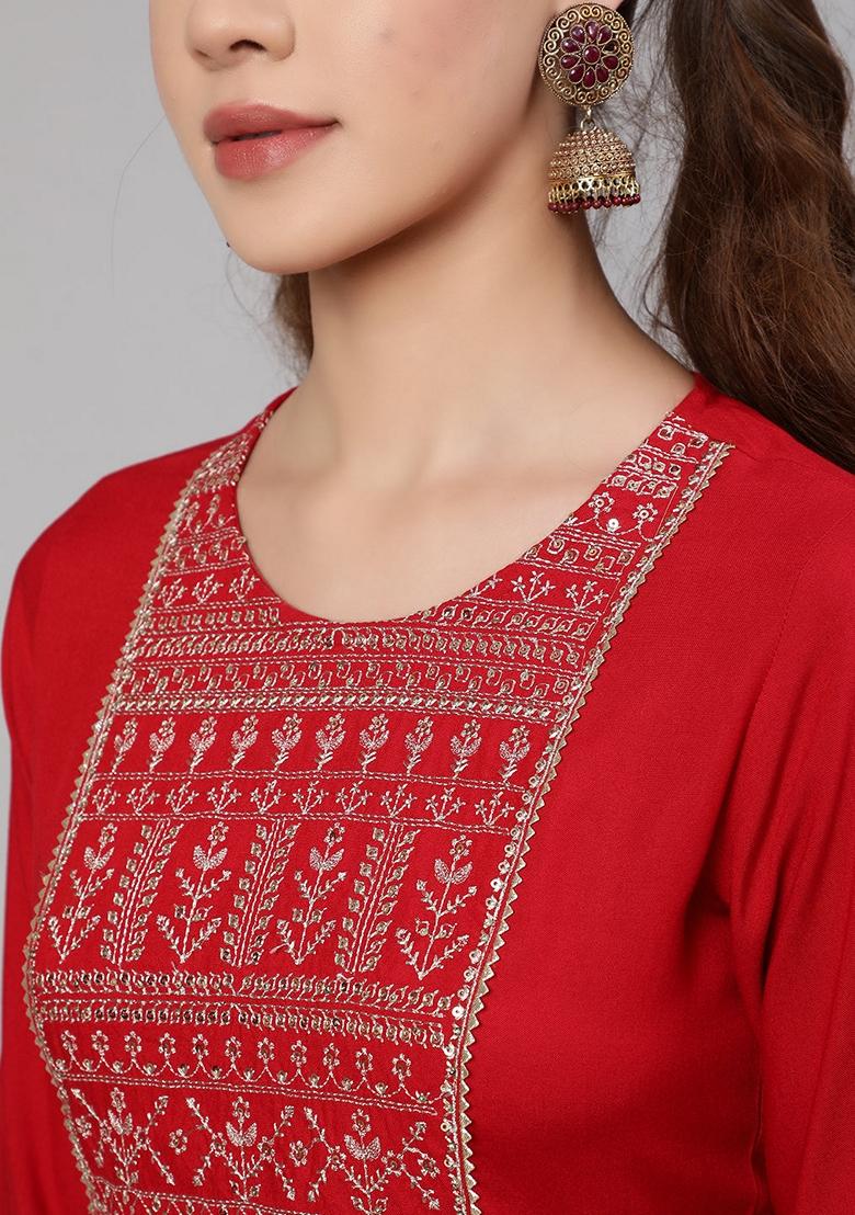 Red Embroidered Rayon Salwar Kameez With Dupatta