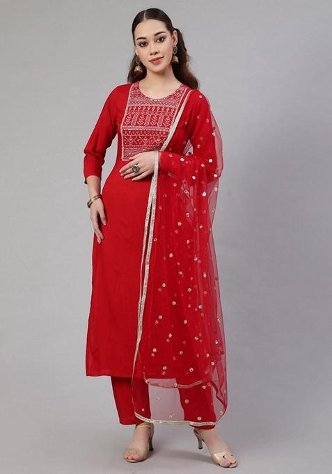 Red Embroidered Rayon Salwar Kameez With Dupatta