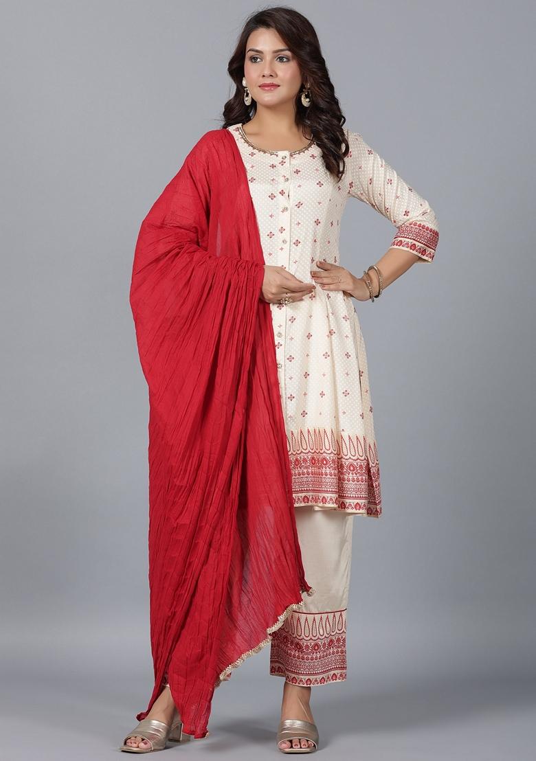 Beige Printed Viscose Shantoon Salwar Kameez With Dupatta
