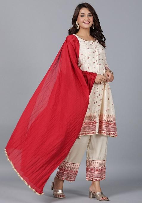 Beige Printed Viscose Shantoon Salwar Kameez With Dupatta